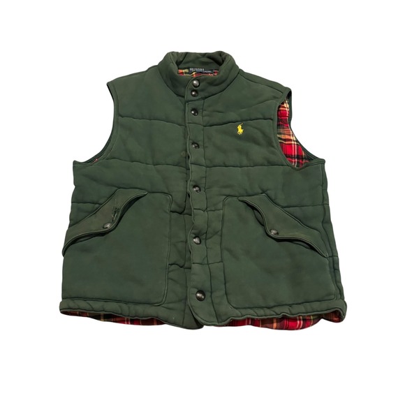 Polo Ralph Lauren Mens Green Puffer Vest Plaid Lined Snap Front Mock Neck M